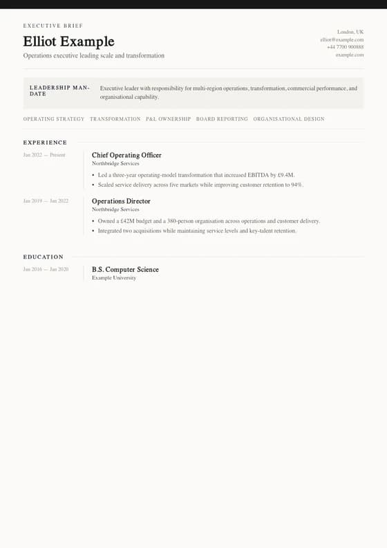 Rendered first page of the Executive Leadership Brief CV template