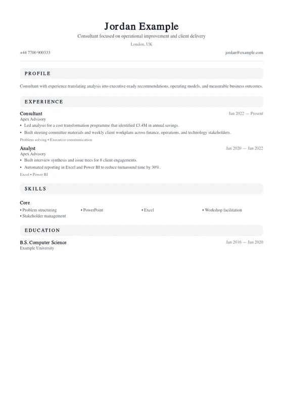 Rendered first page of the Consulting Case Brief CV template