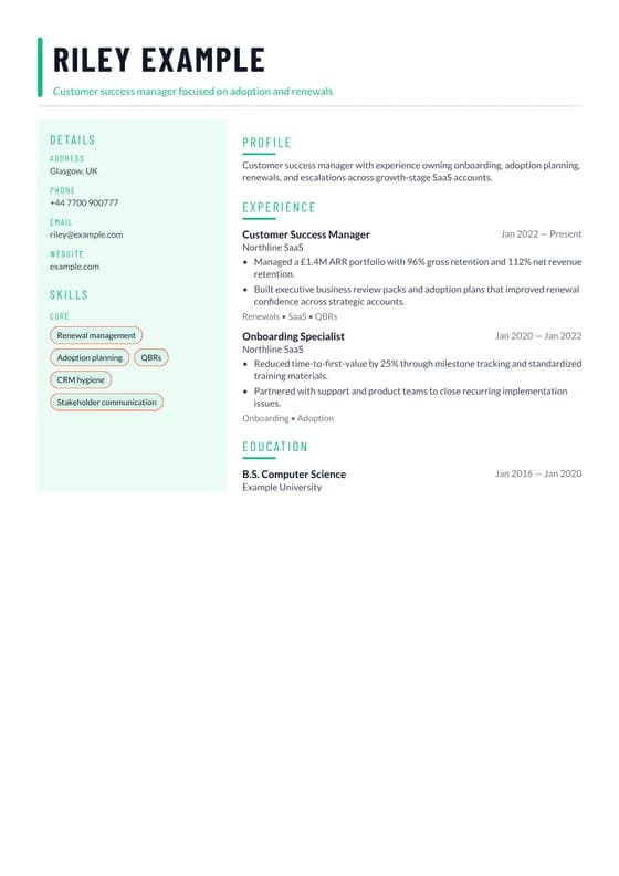 Rendered first page of the Customer Success Renewal CV template