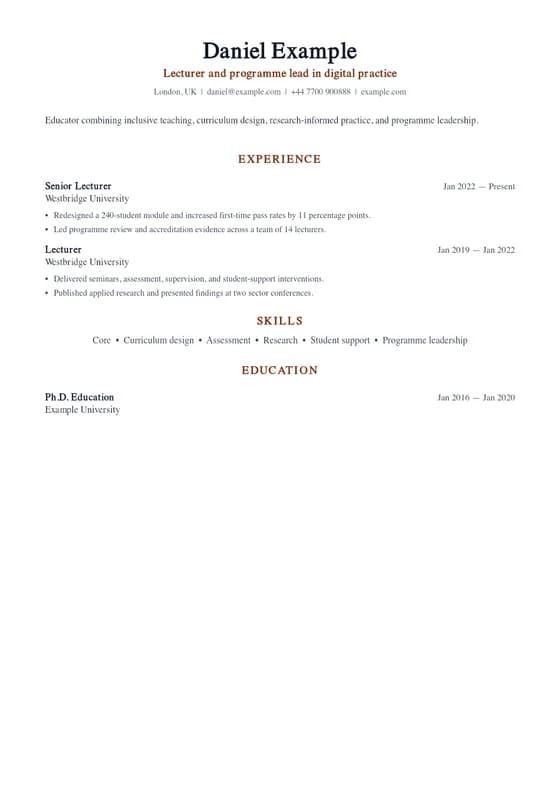 Rendered first page of the Education Academic Practice CV template
