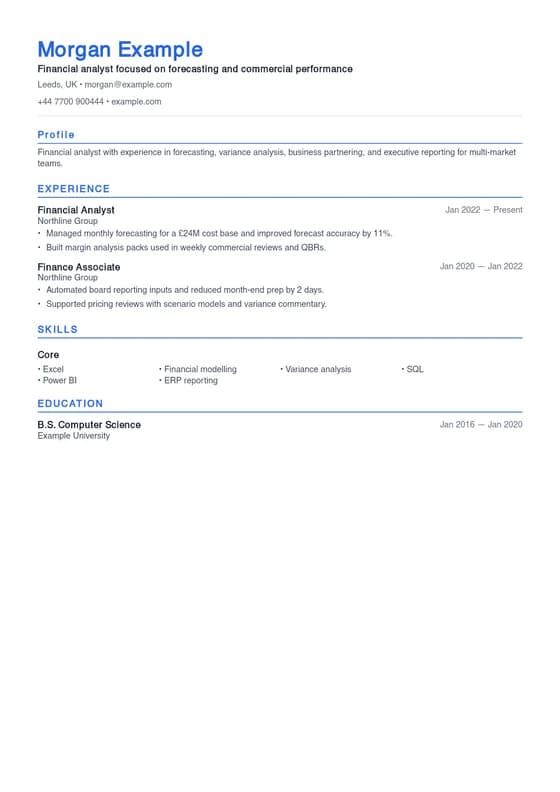 Rendered first page of the Finance Analyst Structured CV template
