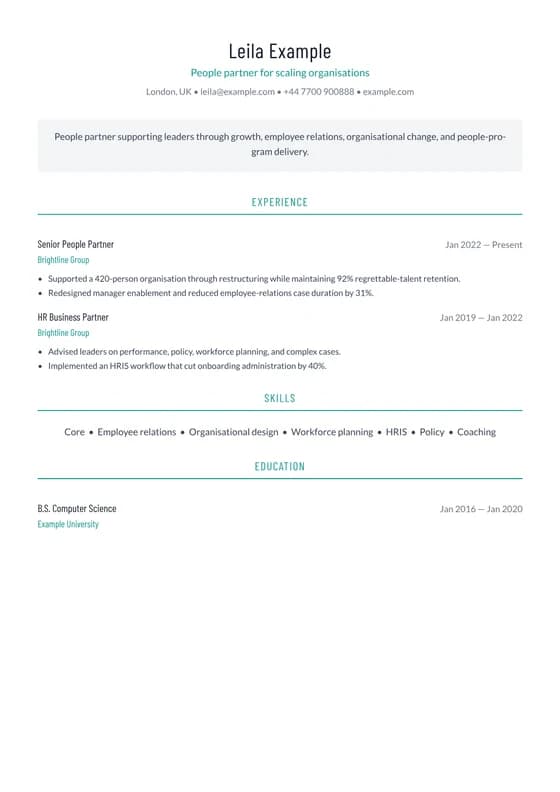Rendered first page of the Human Resources People Partner CV template