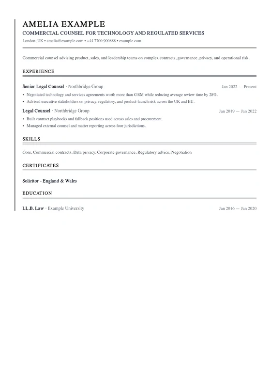 Rendered first page of the Legal Counsel Brief CV template