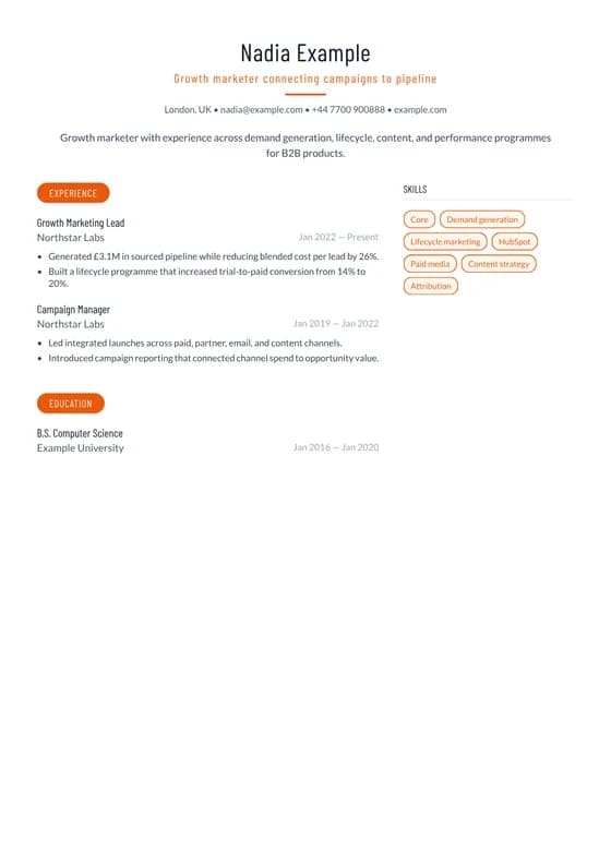 Rendered first page of the Marketing Campaign Performance CV template