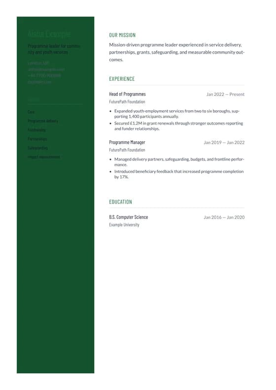 Rendered first page of the Nonprofit Mission Delivery CV template
