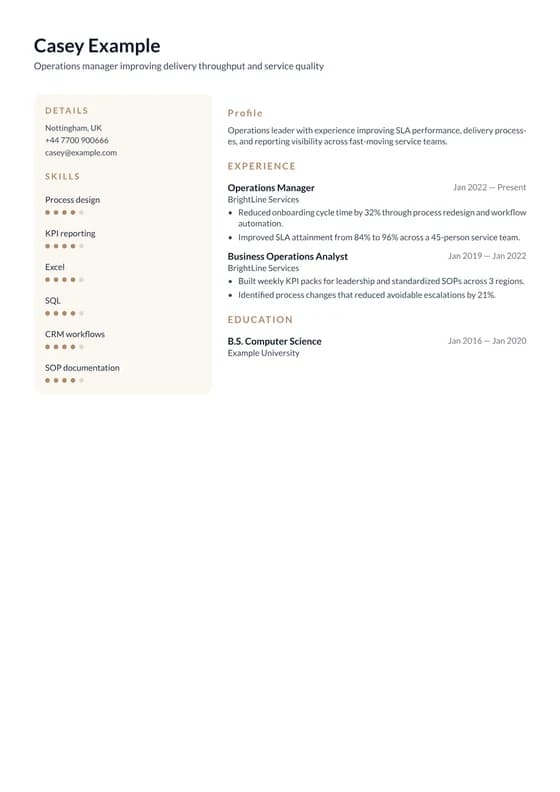 Rendered first page of the Operations Execution CV template