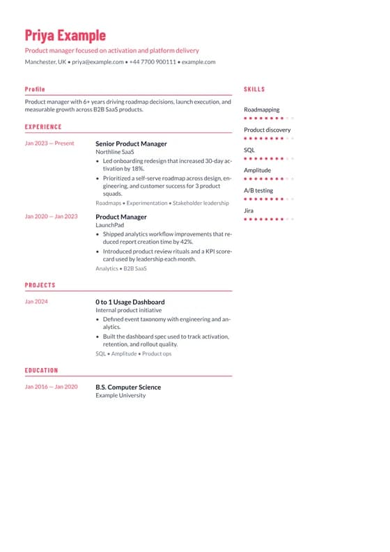 Rendered first page of the Product Management Delivery CV template