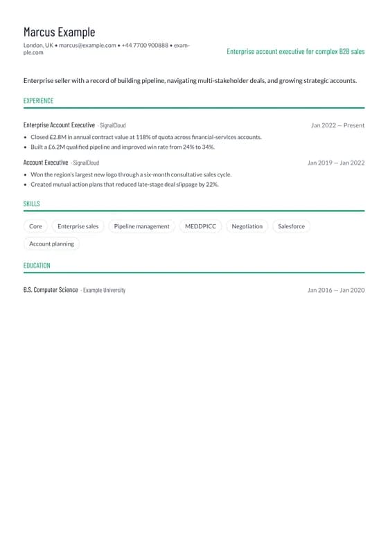 Rendered first page of the Sales Revenue Driver CV template