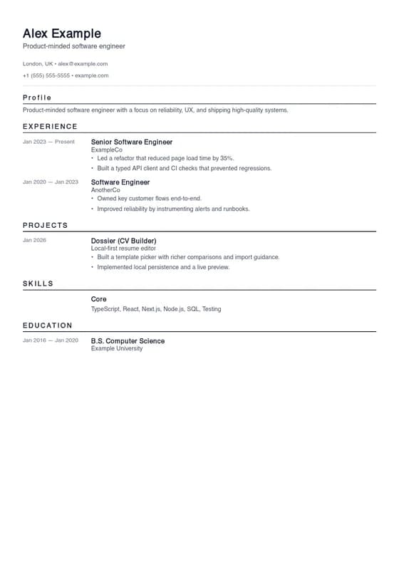 Rendered first page of the Software Engineering Lean CV template