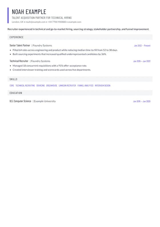 Rendered first page of the Talent Acquisition Recruiter CV template