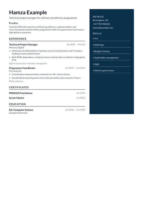 Rendered first page of the Technical PM Delivery CV template
